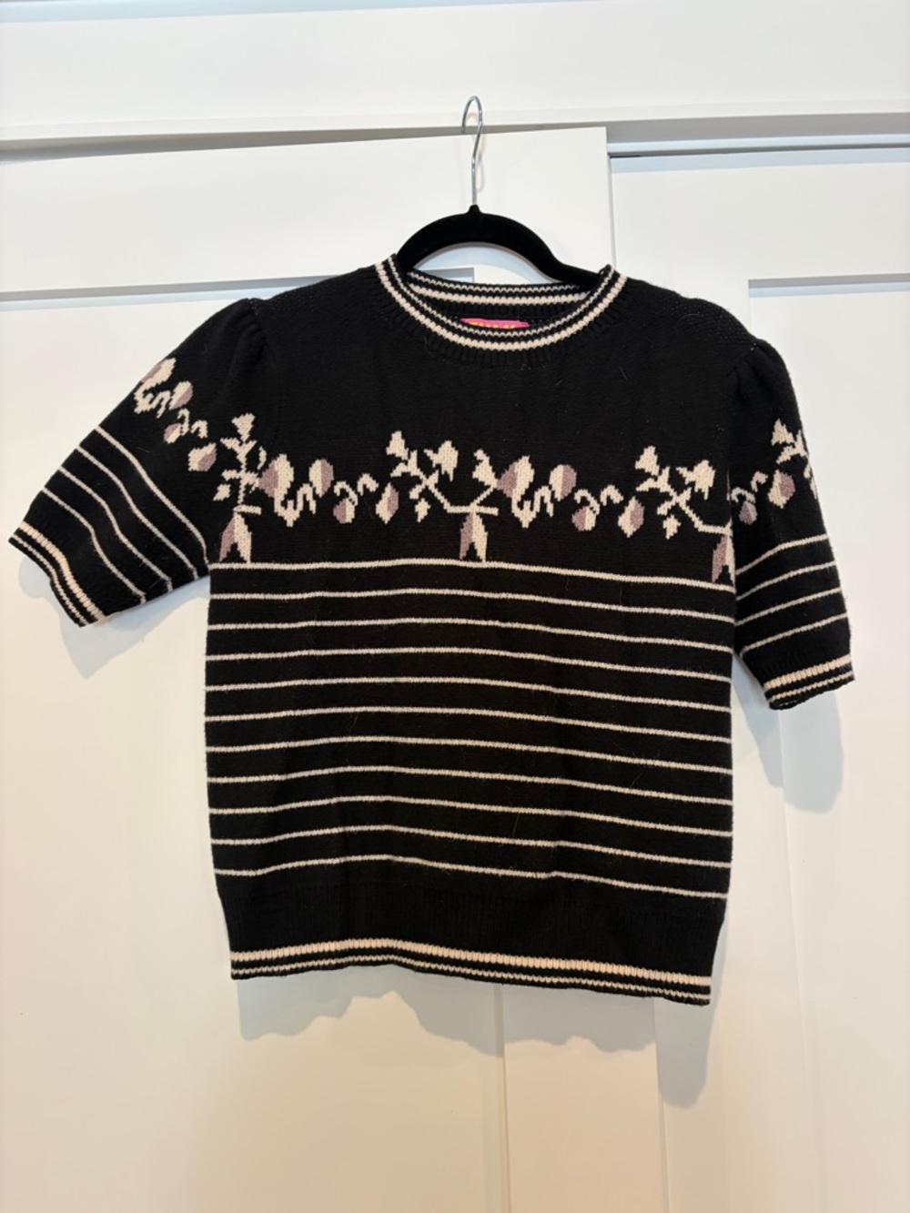 THML Black Crewneck Sweater with Pale Pink Floral & Stripe Detail